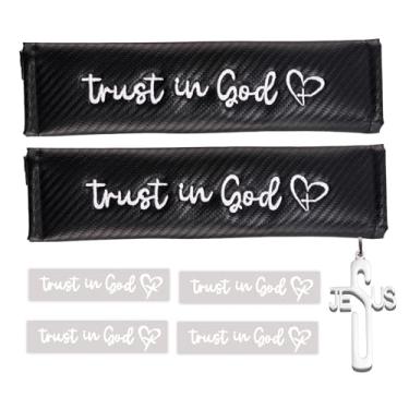 Imagem de Qunrwe Acessórios de carro cristãos, 2 peças de almofadas de capa de cinto de segurança Trust in God + 4 peças de adesivos de espelho retrovisor + pingente de Jesus, presentes de motorista para homens