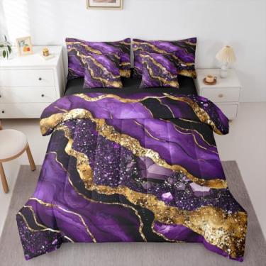 Imagem de Erosebridal Conjunto de edredom King de mármore com 7 peças, dourado, roxo, em uma bolsa, para crianças e adultos, conjunto de cama abstrata em aquarela