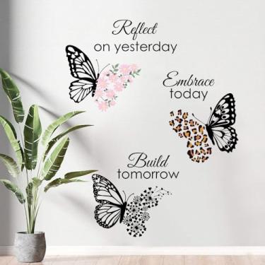 Imagem de Flaxarne Adesivos de parede de borboleta inspiradores com citações motivacionais estampa floral e leopardo decalques de borboleta para quarto sala de estar escritório corredor palavra positiva