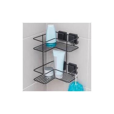 Imagem de Porta Shampoo Duplo, Preto, Aço e Plástico, Fixação com Ventosas, Não Enferruja, 28,5 x 21 x 29,2 cm, Cantoneira para Banheiro