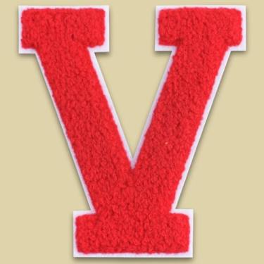 Imagem de QianSiLi Remendos de letras universitárias de chenille vermelho de 15 cm, letras grandes para jaquetas Letterman, moletons com capuz, mochilas, coletes, roupas, adesivos individuais de letra V