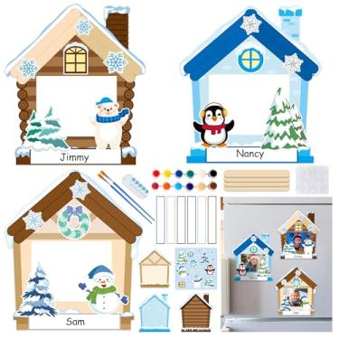 Imagem de WATINC Kit de artesanato magnético para porta-retratos - 114 peças de adesivos de pintura de madeira presentes para lembrancinha de festa de atividade (casa de neve)