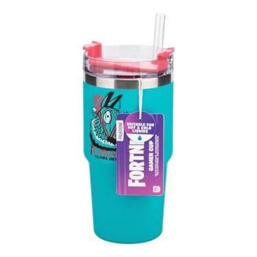 Imagem de Paladone Copo e canudo Fortnite 600 ml com isolamento azul, copo de água oficialmente licenciado para bebidas quentes e frias, chá, café