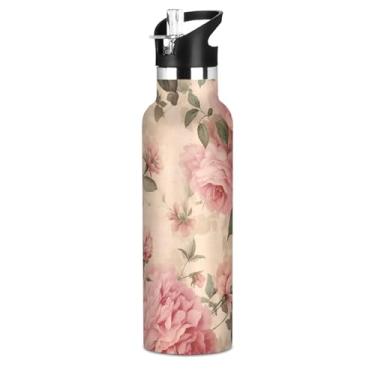 Imagem de Joisal Garrafas de água vintage rosa rosa para meninos e meninas garrafa de água isolada à prova de vazamento copos de viagem infantis de aço inoxidável com tampa de canudo para bebidas quentes ou
