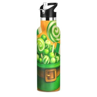 Imagem de Garrafas de água isoladas de aço inoxidável de 590 ml com tampa de canudo para bebidas frias ou quentes, chapéu de duende verde, doces, livre de BPA, copos de parede dupla para meninos e meninas