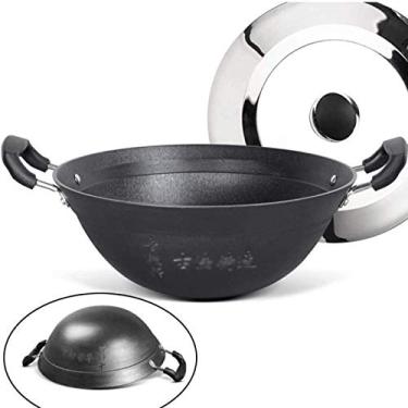 Imagem de Frigideira antiaderente para uso doméstico, wok antiquado, ferro fundido binaural para fogão a gás, wok, decoração de panela de cozinha