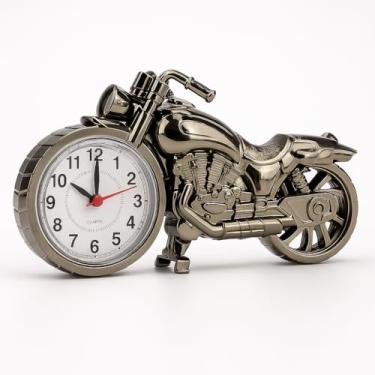 Imagem de Relógio de Mesa Decorativo Motocicleta Design Vintage Cromado Movimento de Quartzo Base para Mesa Formato Custom Bike com Mostrador Analógico