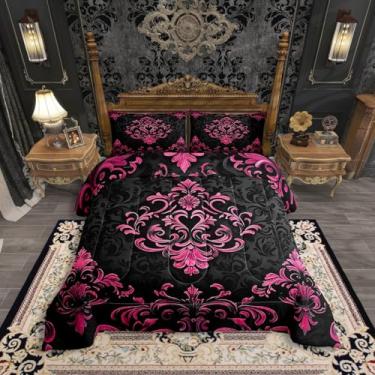 Imagem de Erosebridal Conjunto de edredom preto rosa choque gótico, tamanho queen, vintage, boêmio, damasco, floral, boêmio, exótico, gótico, conjunto de cama para meninas e adolescentes, 3 peças