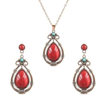 Imagem de DEYOUM Conjunto de colar de brincos boêmios vintage longo para mulheres boho textura esculpida redondo exclusivo étnico retrô turquesa pingente brincos pendentes joias presentes, Medium, Metal, Sem
