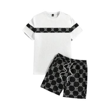 Imagem de Conjunto De Terno Masculino Retro Com Gola Redonda E Estampa, Dois Peç