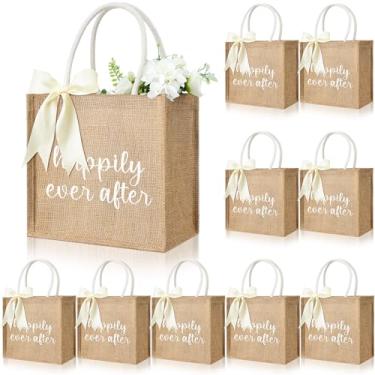 Imagem de Locmeo Pacote com 10 sacos de serapilheira de casamento Happily Ever After com alça e fita para presente de dama de honra, lembrancinhas de festa de chá de panela