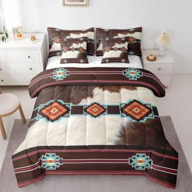 Imagem de Feelyou Conjunto de edredom de 7 peças com lençóis, tamanho queen, sudoeste, para crianças, meninos, meninas, adolescentes, caubói, estampa de vaca, em uma bolsa, asteca, étnico, tribal, 7 peças