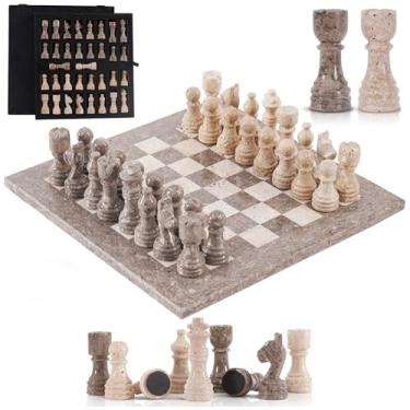 Imagem de Marble Chess Set 12 Inch Handmade Oceanic and Travertine Board Game with Storage Box, Classic Travel Chess Set for Adults with Pieces & 2 Extra Queens, Elegant Gift & Home Décor