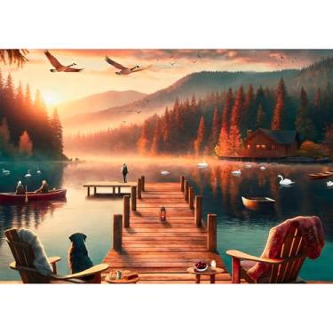 Imagem de Rocorose Quebra-cabeça para adultos 500 peças, quebra-cabeça de paisagem do pôr do sol desafiador à beira do lago cenas noturnas quebra-cabeças, ideia de atividade familiar, presente de férias, jogo