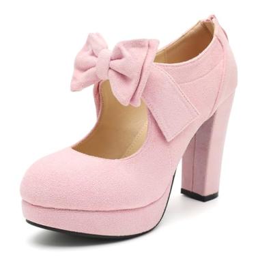 Imagem de fereshte Sapato feminino plataforma Mary Jane com laço, salto alto, bico fechado, fecho de zíper, rosa, 40