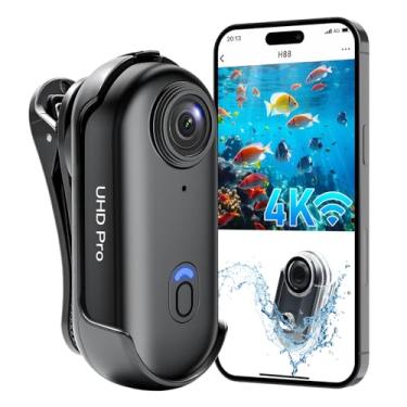 Imagem de Câmera de ação 4K, câmera esportiva vestível com 64 GB, câmera POV WiFi com gravação mãos-livres com capa à prova d'água, clipe traseiro, câmera de vídeo portátil para ciclismo, caminhadas, pesca