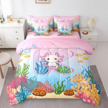 Imagem de Erosebridal Jogo de cama Queen com estampa de letra K fofo Axolote Queen, 7 peças, rosa com desenho animado de animais do oceano em uma bolsa com lençol para crianças, adolescentes, mulheres, alfabeto