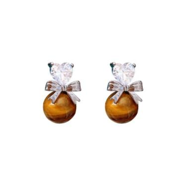 Imagem de Kokoma Brincos femininos com pingente de bola redonda olho de tigre pedra zircônia cúbica amor coração laço pingente gota moda joia de orelha