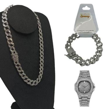 Imagem de Kit Ice Cuban Pulseira, Corrente e Relógio Cravejado Prata - Patek