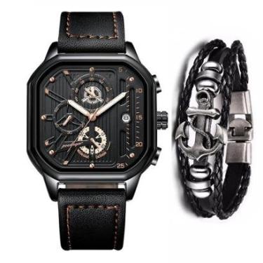 Imagem de Relógio Masculino Casual Luxo Cronógrafo Kit Pulseira Couro-Masculino