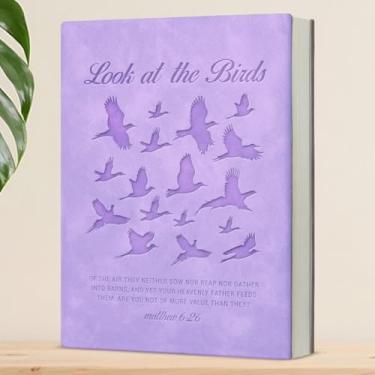 Imagem de Caderno de pássaros com versículo religioso da Bíblia, presentes espirituais para mulheres católicas, caderno de escrita "Look at the Birds", roxo