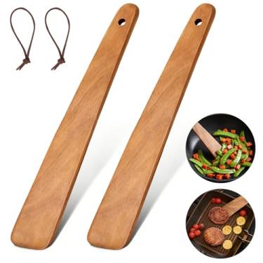 Imagem de 2 espátulas de madeira teca para cozinhar, espátula de madeira de 30 cm e raspador de ovos para ferro fundido, utensílios de cozinha de madeira plana, colheres de espátulas perfeitas para ideias de