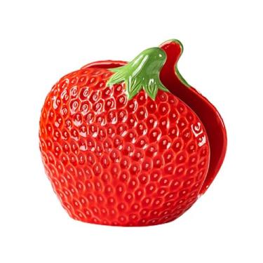 Imagem de Suporte de guardanapo de morango para mesa, suporte de guardanapos de papel de frutas de cerâmica bonito suporte de papel dispensador de papel independente para sala de jantar cozinha decoração de