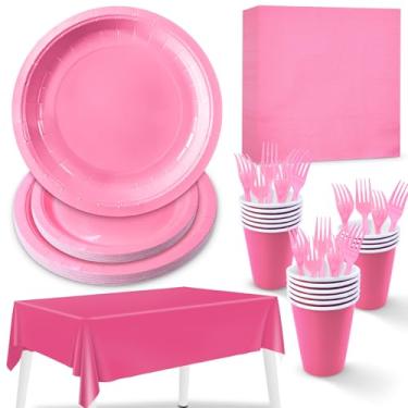 Imagem de ZVK Conjunto de pratos de papel de festa rosa choque, guardanapos e copos, louça descartável de cor sólida para todos os dias