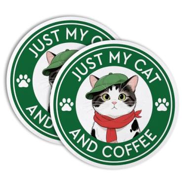 Imagem de Vgrti Just My Cat and Coffee Drink Porta-copos conjunto de 2, tapetes engraçados para copos de café para decoração de mesa de escritório, gatos, mãe, pai, presentes para amantes de gatos, presentes