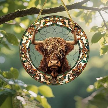 Imagem de Acrílico colorido Suncatcher, vitral de cabeça de vaca Highland, janela suspensa de 18 cm, decoração de arte de parede com design de vitral impresso, ideia de presente e ornamento de jardim, uso