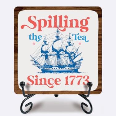 Imagem de Placa de madeira de fofoca de 12,7 cm x 12,7 cm - Derrame o chá - Placa de madeira de veleiro azul com 1 suporte de metal - decoração de presentes de mesa para colegas, amigos - decorações de mesa e