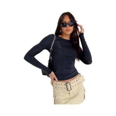 Imagem de Camiseta Com Capuz Feminina De Manga Longa Slim Fit Casual Esportiva P