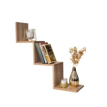 Imagem de Nicho Para Quarto, uma estante decorativa em MDF em formato de W, também adequada para escritórios, salas de estar e cozinhas; prateleira de armazenamento em ziguezague(Amadeirado)