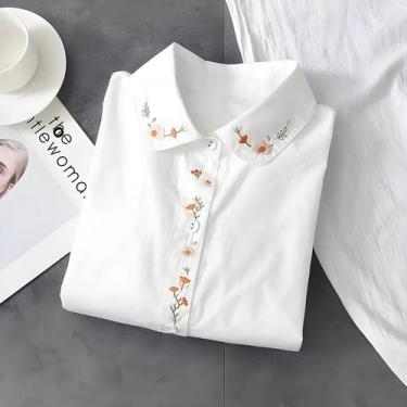 Imagem de Camisa Casual Feminina De Manga Longa Em Algodão Puro Branco Com Borda
