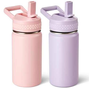 Imagem de Fijinhom Garrafa infantil de 340 g, garrafa de água infantil para meninos e meninas com tampas de canudos, garrafa térmica isolada a vácuo de aço inoxidável 304, sem BPA, rosa + roxo