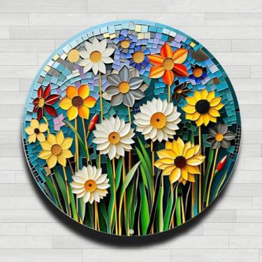 Imagem de Mosaico floral vibrante vintage rústico alumínio metal placa de parede redonda, 20 cm, presentes internos e externos e decoração para casa, escritório, café e fazenda