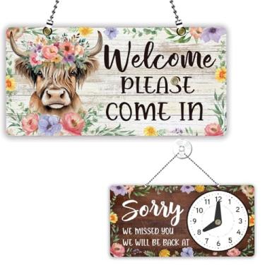 Imagem de PLIGREAT Highland Cow Placas Abertas Dupla Face Aberta Fechada Sinal Bussiness Welcome Hours Placa para Loja de Varejo Bar Padaria Loja Janela Decoração de Parede Sinais de Porta Pendurada com