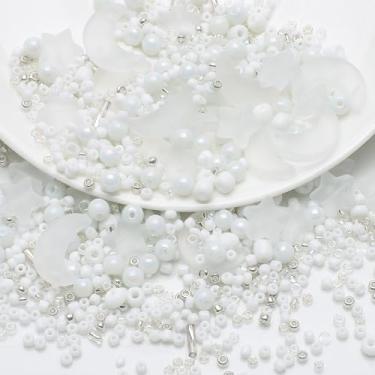 Imagem de Miçangas de vidro de cristal de lua e estrela mista, contas de pérolas redondas soltas para fazer joias, pulseiras, colares, brincos, projetos de artesanato, projetos de artesanato de vidro branco