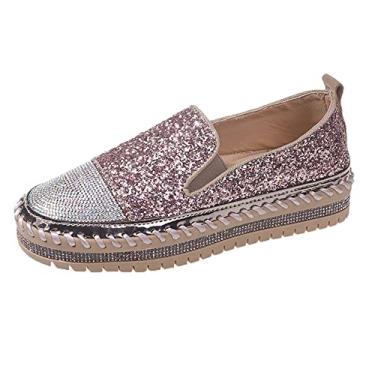 Imagem de SUGURETA Tênis Femininos Sem Cadarço Com Strass, Calçados Casuais Confortáveis Para Caminhada, Mocassins Laço E Glitter, Rosa, Tamanho 38