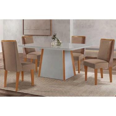 Imagem de Conjunto: Mesa de Cozinha Tilia Tampo c/ Vidro Curvo 120cm+4 Cadeiras Tilia Naturale/Off White - Suede Capuccino - Rufato