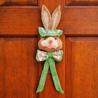 Imagem de Pendente Cabeça Coelho Com Laço Decoração De Páscoa Em Palha Verde