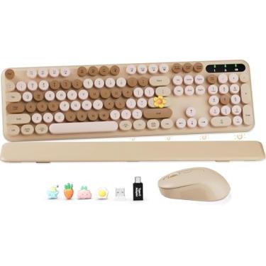 Imagem de Combo de teclado e mouse sem fio, teclas redondas, teclado de máquina de escrever retrô de tamanho completo com descanso de pulso removível, modo de suspensão e pernas inclinadas, conexão sem fio de