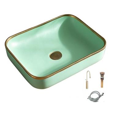 Imagem de Pia de vaso de cerâmica com torneira e escorredor - Pia de porcelana moderna para banheiro pequeno, acima da tigela de arte para lavatório