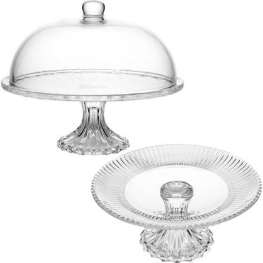 Imagem de Kit 1 Boleira com Tampa e 1 Prato Porta Bolo com Pé 25cm Cristal Diamo