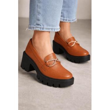 Imagem de Mocassim Feminino Evangélico Tratorado Sapato Casual Caramelo Brilho -