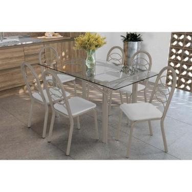 Imagem de Conjunto: Mesa Sala Jantar Elba C- Tampo De Vidro 150cm E 6 Cadeiras Holanda Niquel - Courano Branco - Kappesberg