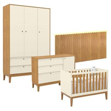 Imagem de Quarto De Bebê Unique 3 Portas Com Cômoda Sapateira E Painel Farm Com Led Off White Freijó Eco Wood - Matic