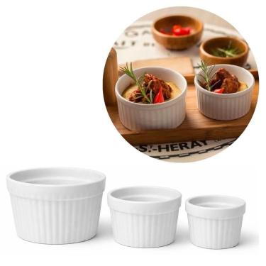 Imagem de Kit Ramequim Porcelana Branca Frisada Premium 3 Tamanhos - Lyor