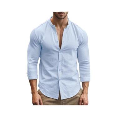 Imagem de Camisa Havaiana Masculina Slim Fit Em Algodão E Linho, Cor Sólida, Res