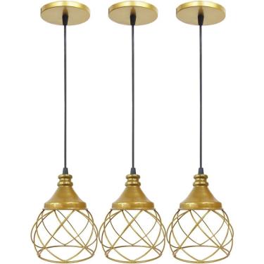 Imagem de 3 Pendente Aramado Redondo Dourado Lustre Luminária Teto Regulável Sala Cozinha Industrial Agp